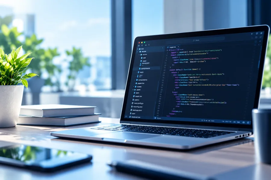 コードを表示したノートパソコン